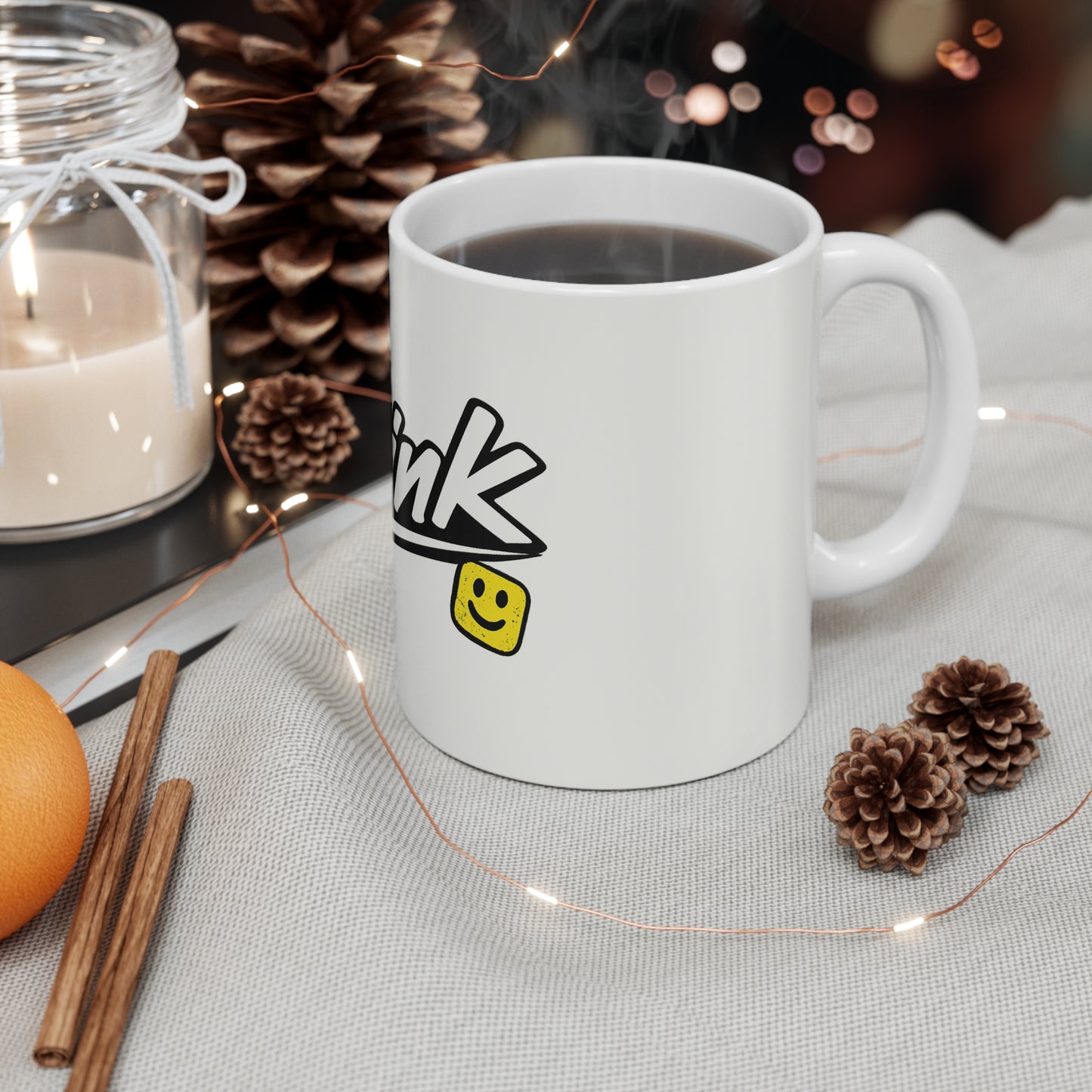Mug — 'Bink' Script Logo Coffee Cup with Smiley Accent