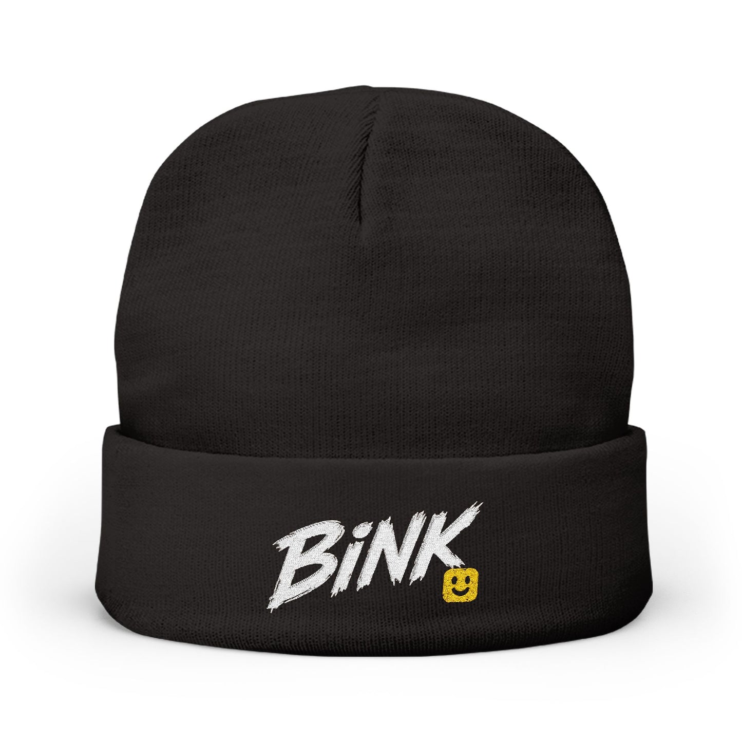 Bink Embroidered Knit Beanie — Cozy Black Cuffed Hat with Smiley Patch