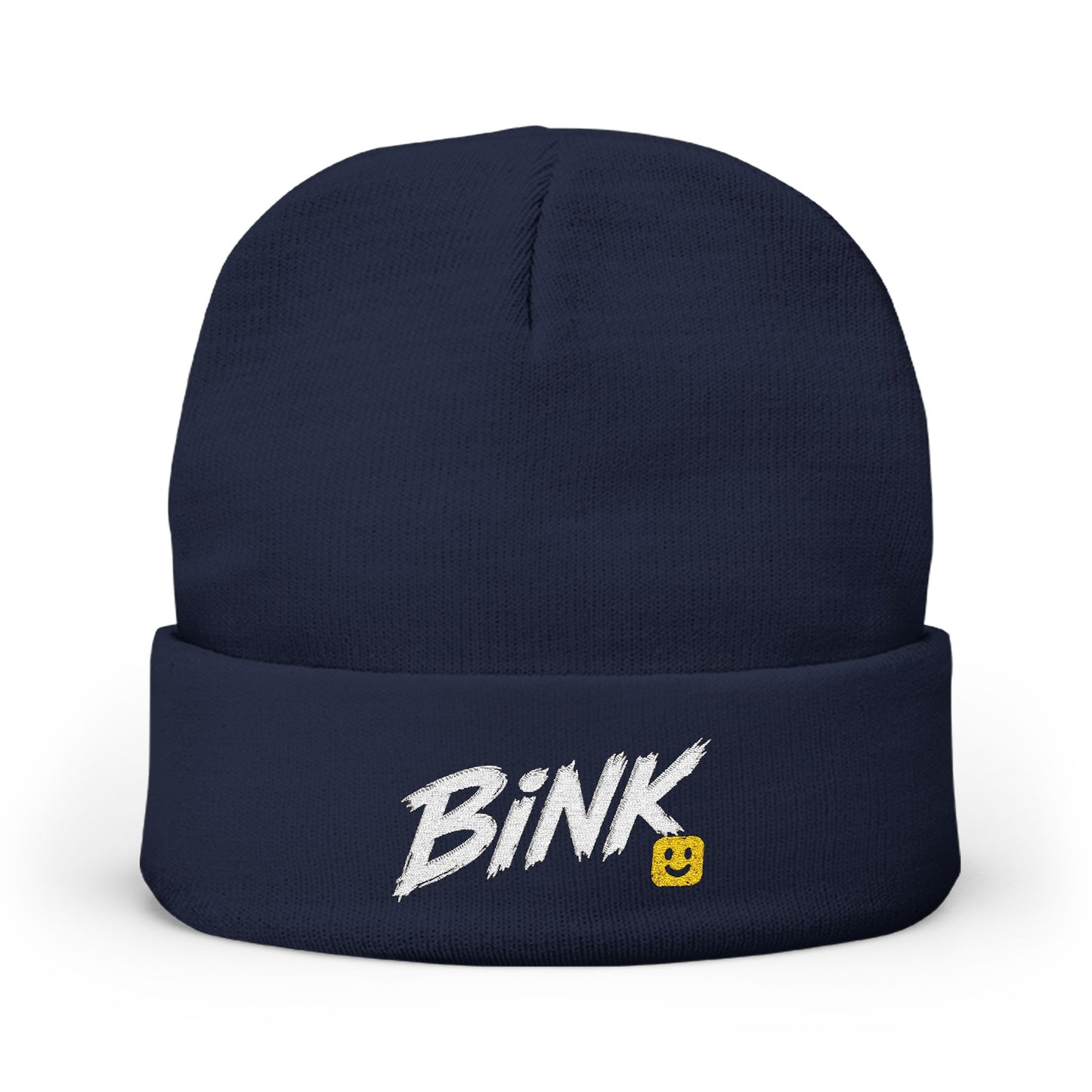Bink Embroidered Knit Beanie — Cozy Black Cuffed Hat with Smiley Patch