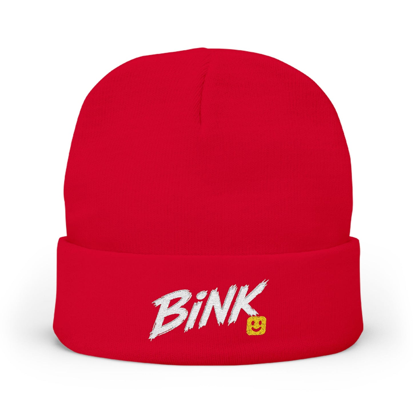 Bink Embroidered Knit Beanie — Cozy Black Cuffed Hat with Smiley Patch