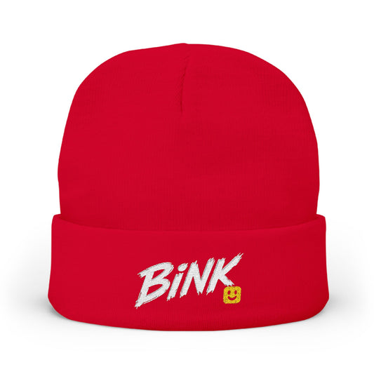 Bink Embroidered Knit Beanie — Cozy Black Cuffed Hat with Smiley Patch
